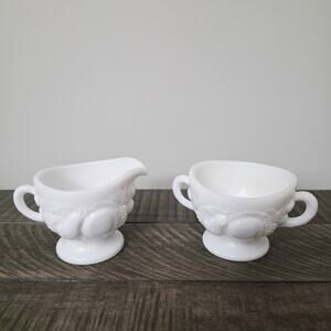 Vintage Westmoreland Fruit Pattern White Milk Glass Sugar & Creamer Set